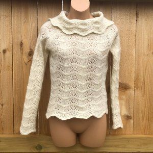 Ann Talyor LOFT Ivory Wool Mohair Blend Sweater Metallic Open Knit Scalloped